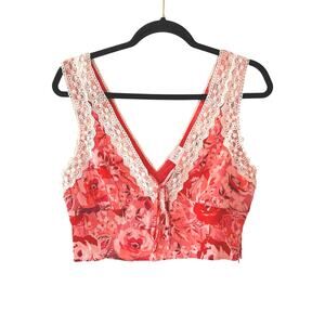Le Lis Lace Trimmed Floral V-neck Crop Top Pink and White  SZ L